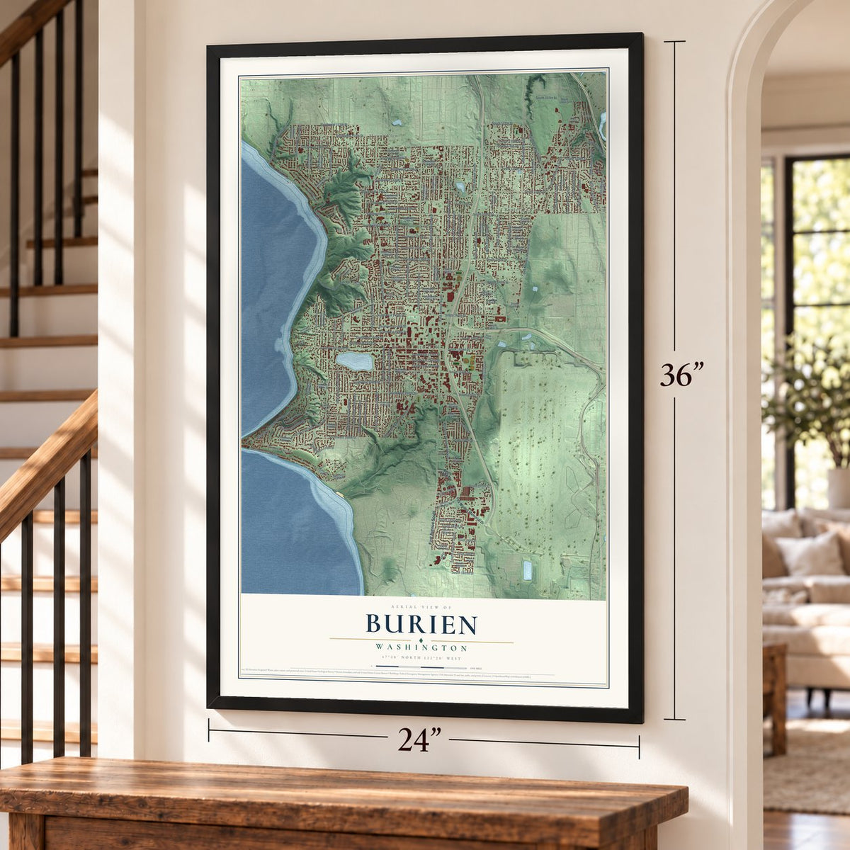 Burien, Washington map, 24 x 36 inch print in a black frame by a staircase