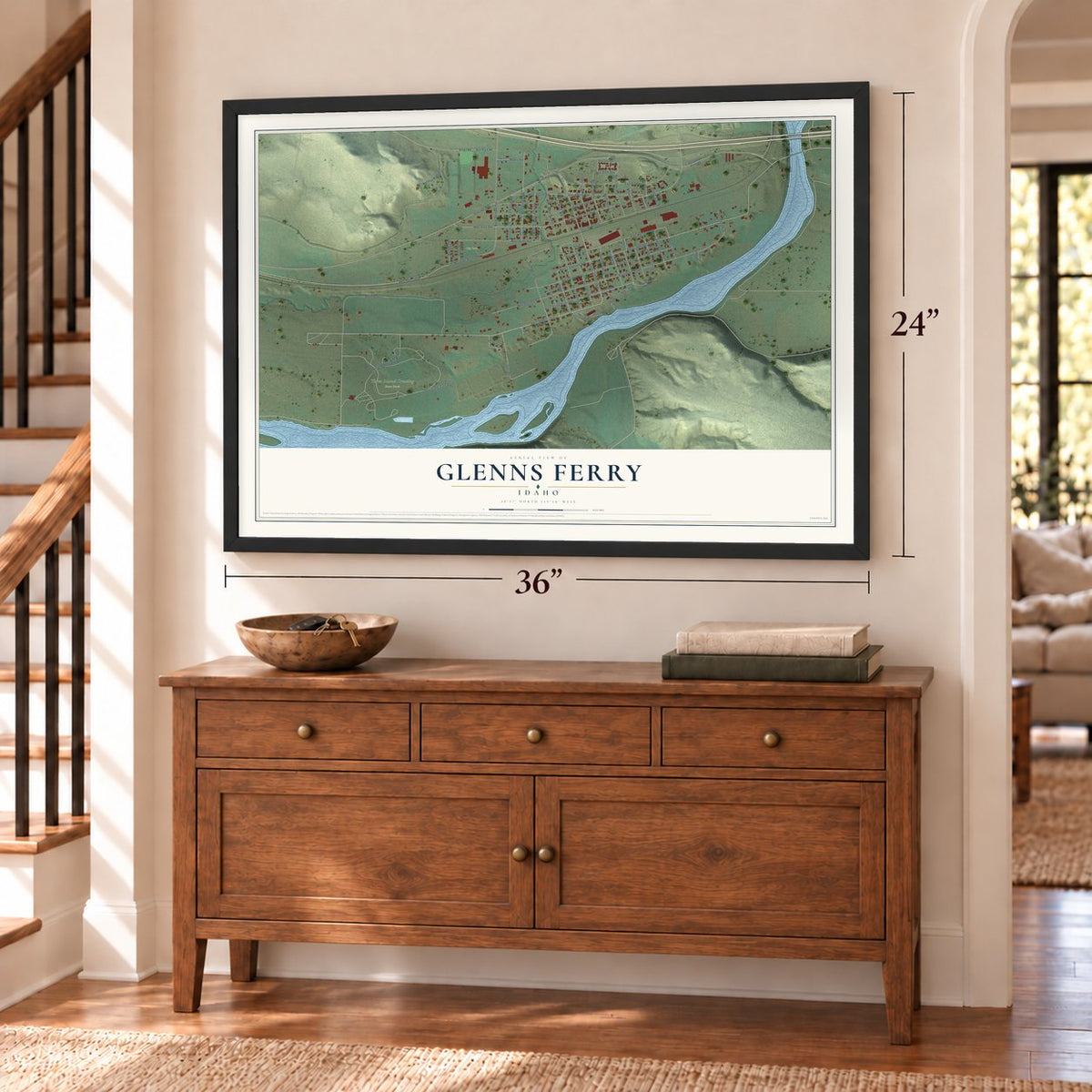 Glenns Ferry, Idaho map, 24 x 36 inch print in a black frame above a dresser by a staircase