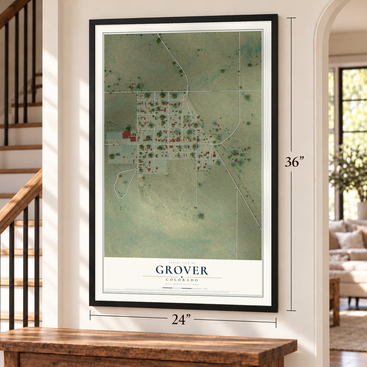 Grover, Colorado map, 24 x 36 inch print in a black frame by a staircase