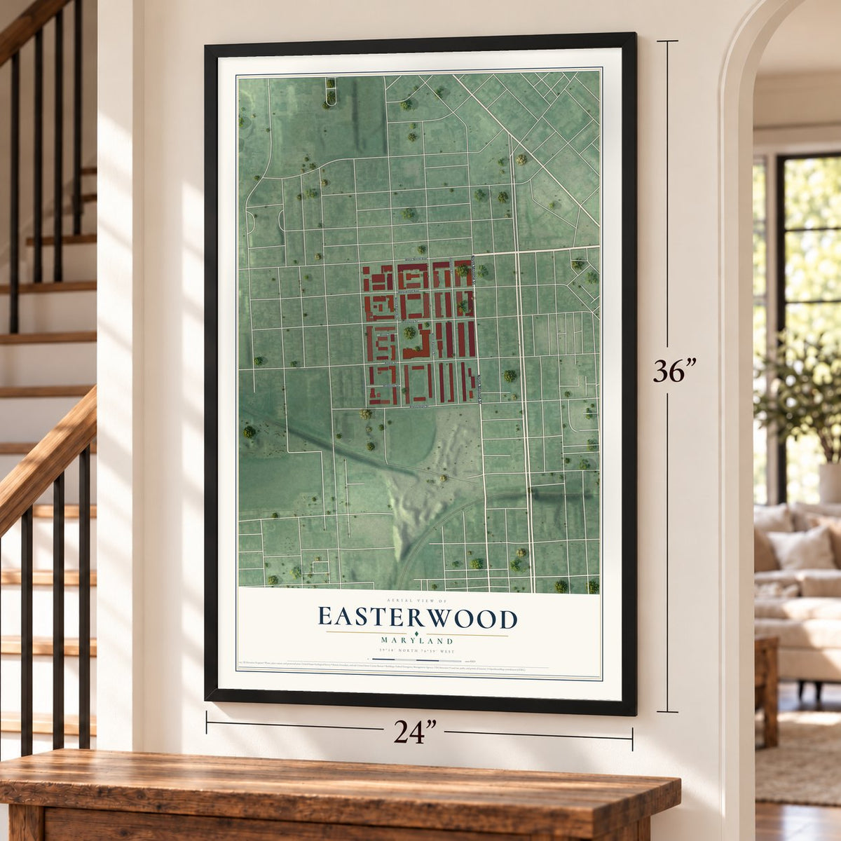 Easterwood, Maryland map, 24 x 36 inch print in a black frame by a staircase