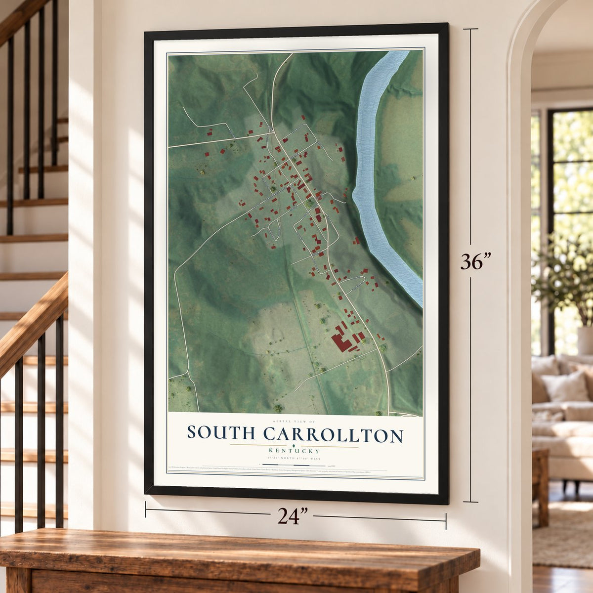 South Carrollton, Kentucky map, 24 x 36 inch print in a black frame by a staircase