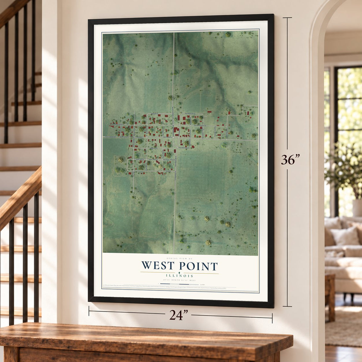 West Point, Illinois map, 24 x 36 inch print in a black frame by a staircase