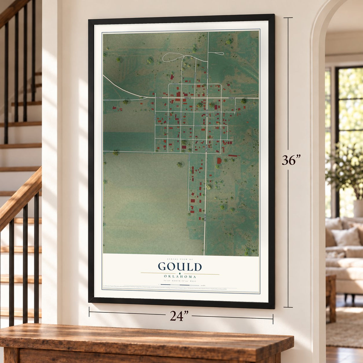 Gould, Oklahoma map, 24 x 36 inch print in a black frame by a staircase