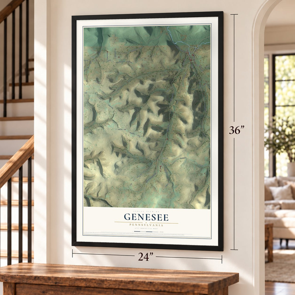 Genesee, Pennsylvania map, 24 x 36 inch print in a black frame by a staircase