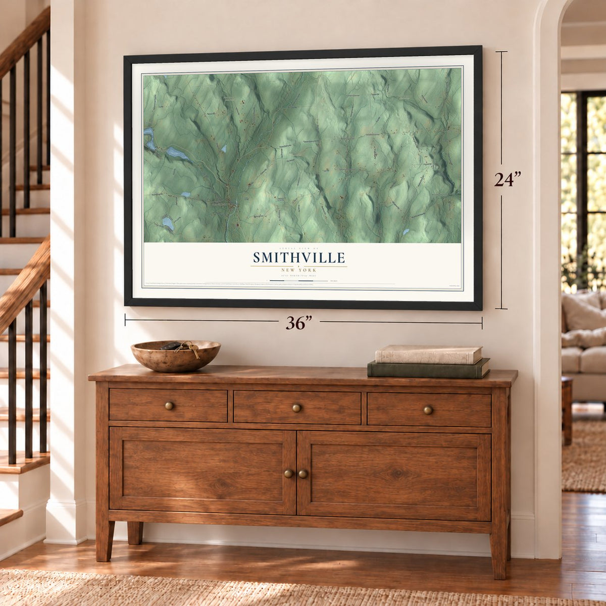 Smithville, New York map, 24 x 36 inch print in a black frame above a dresser by a staircase