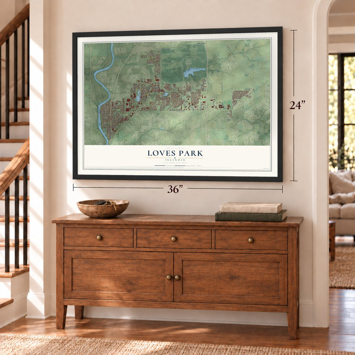 Loves Park, Illinois map, 24 x 36 inch print in a black frame above a dresser by a staircase