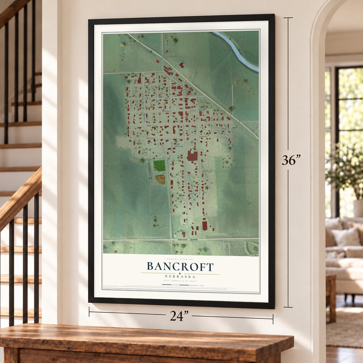 Bancroft, Nebraska map, 24 x 36 inch print in a black frame by a staircase