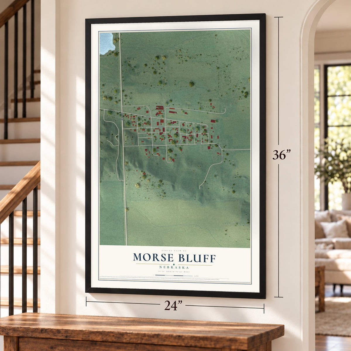 Morse Bluff, Nebraska map, 24 x 36 inch print in a black frame by a staircase