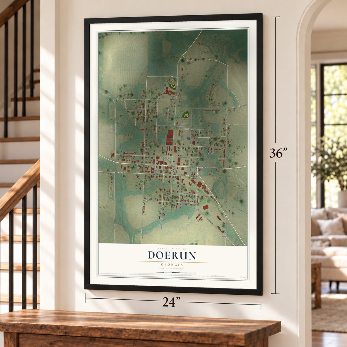 Doerun, Georgia map, 24 x 36 inch print in a black frame by a staircase
