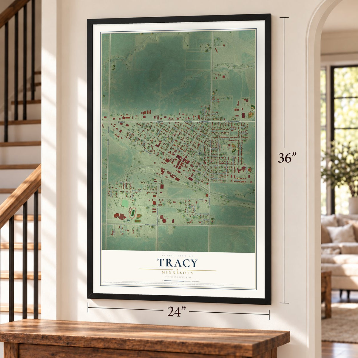 Tracy, Minnesota map, 24 x 36 inch print in a black frame by a staircase
