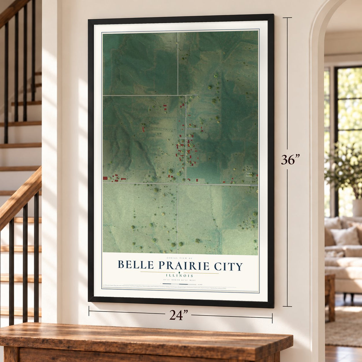 Belle Prairie City, Illinois map, 24 x 36 inch print in a black frame by a staircase