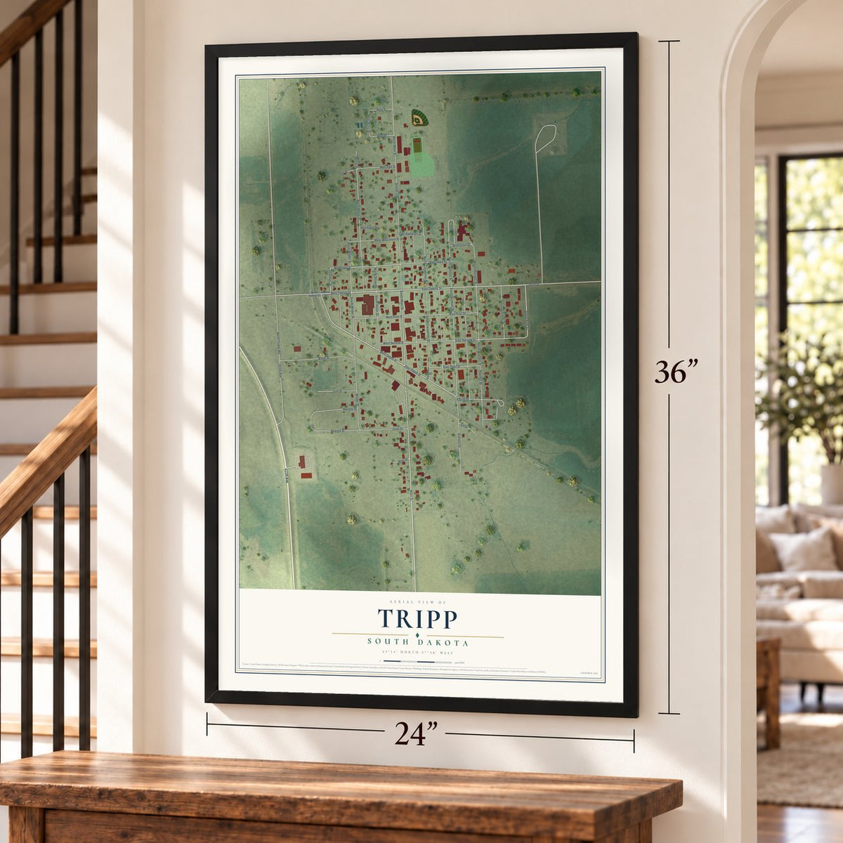 Tripp, South Dakota map, 24 x 36 inch print in a black frame by a staircase