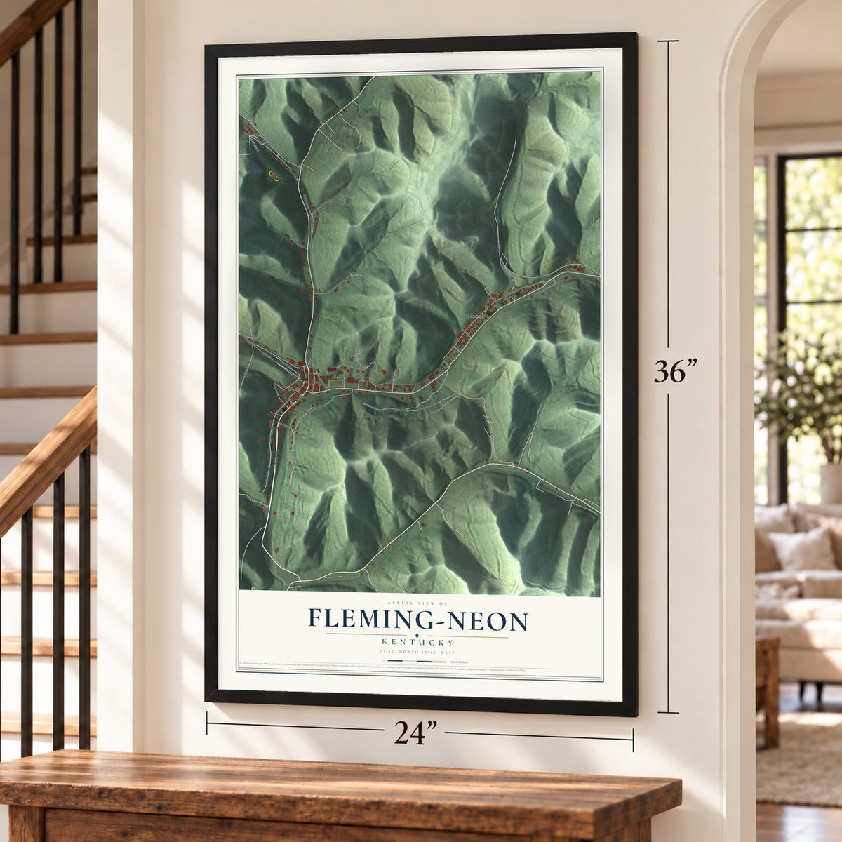 Fleming-Neon, Kentucky map, 24 x 36 inch print in a black frame by a staircase
