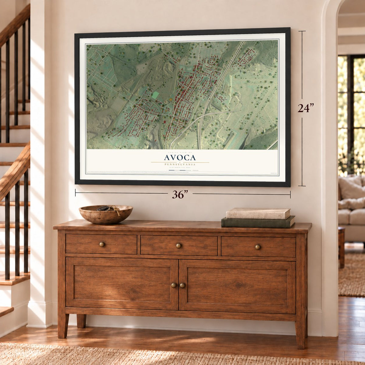 Avoca, Pennsylvania map, 24 x 36 inch print in a black frame above a dresser by a staircase