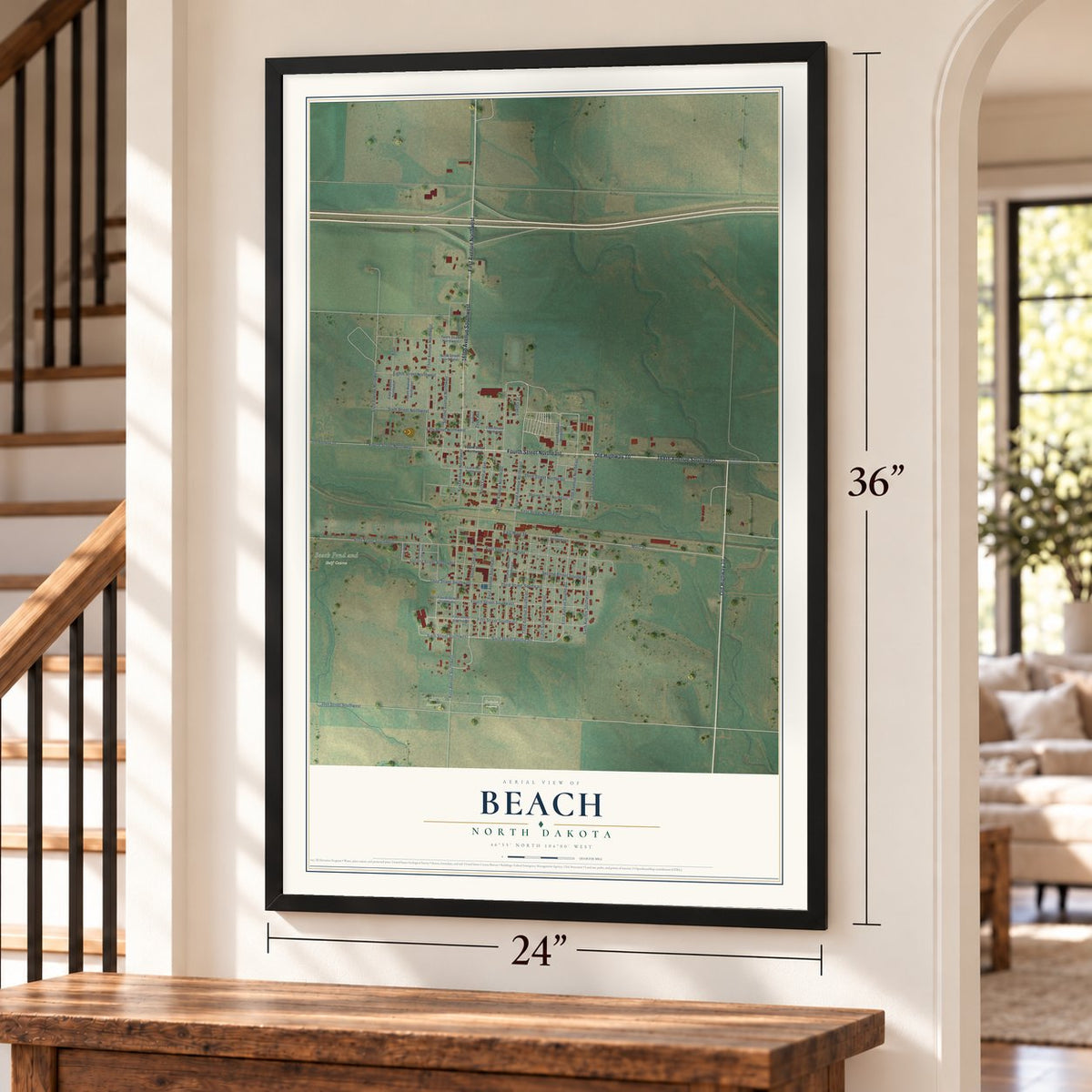 Beach, North Dakota map, 24 x 36 inch print in a black frame by a staircase