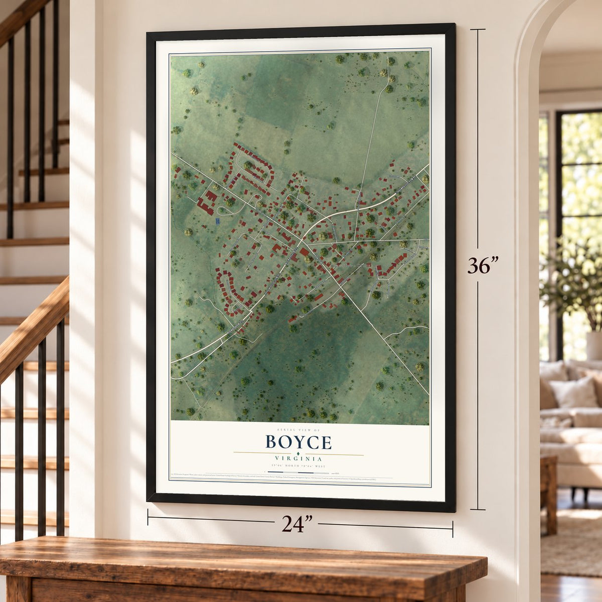 Boyce, Virginia map, 24 x 36 inch print in a black frame by a staircase