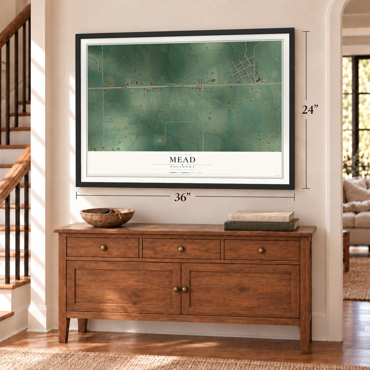 Mead, Oklahoma map, 24 x 36 inch print in a black frame above a dresser by a staircase