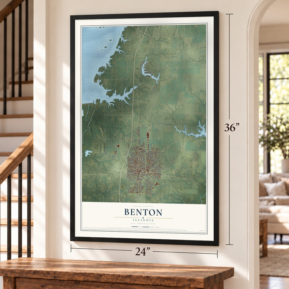 Benton, Illinois map, 24 x 36 inch print in a black frame by a staircase