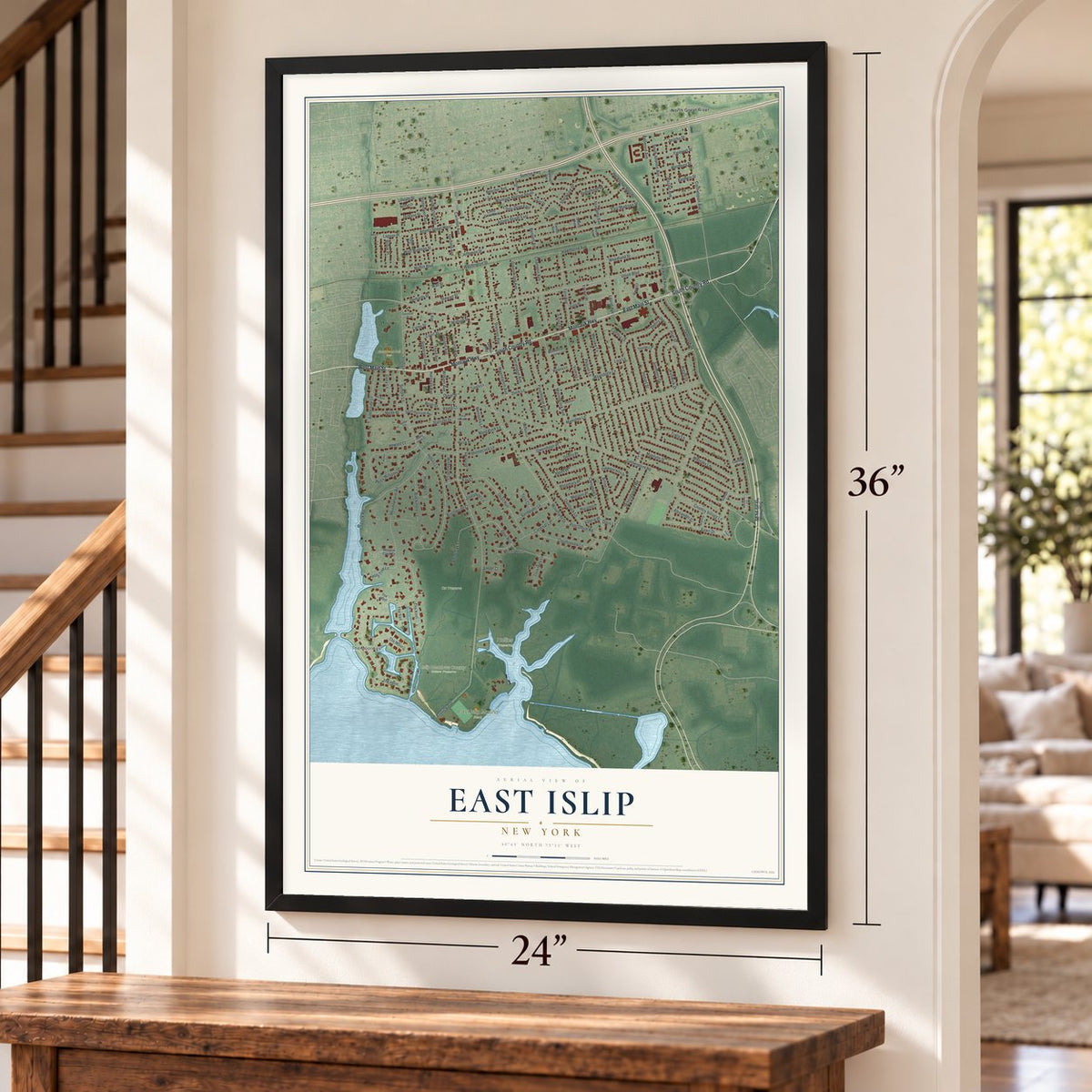 East Islip, New York map, 24 x 36 inch print in a black frame by a staircase