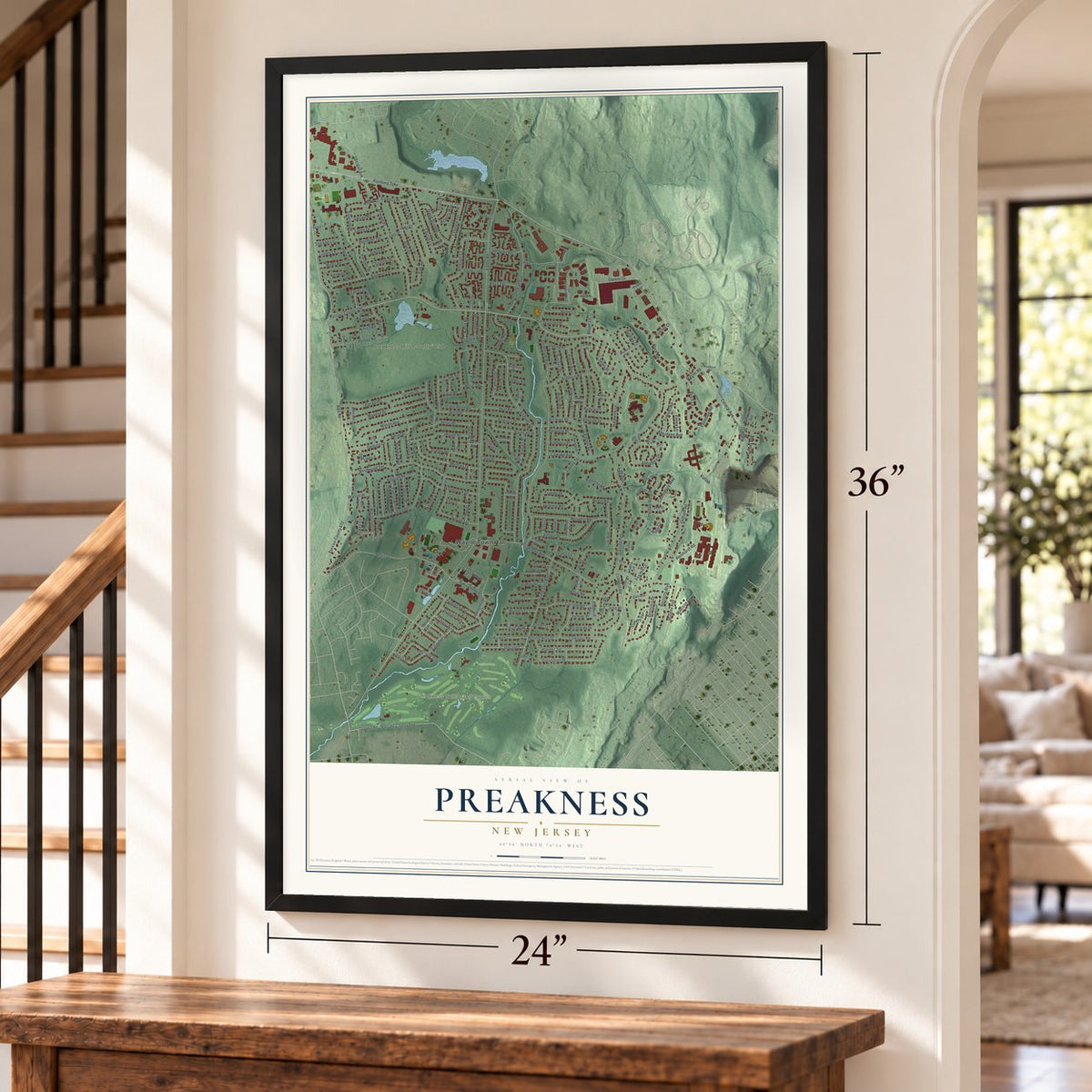 Preakness, New Jersey map, 24 x 36 inch print in a black frame by a staircase
