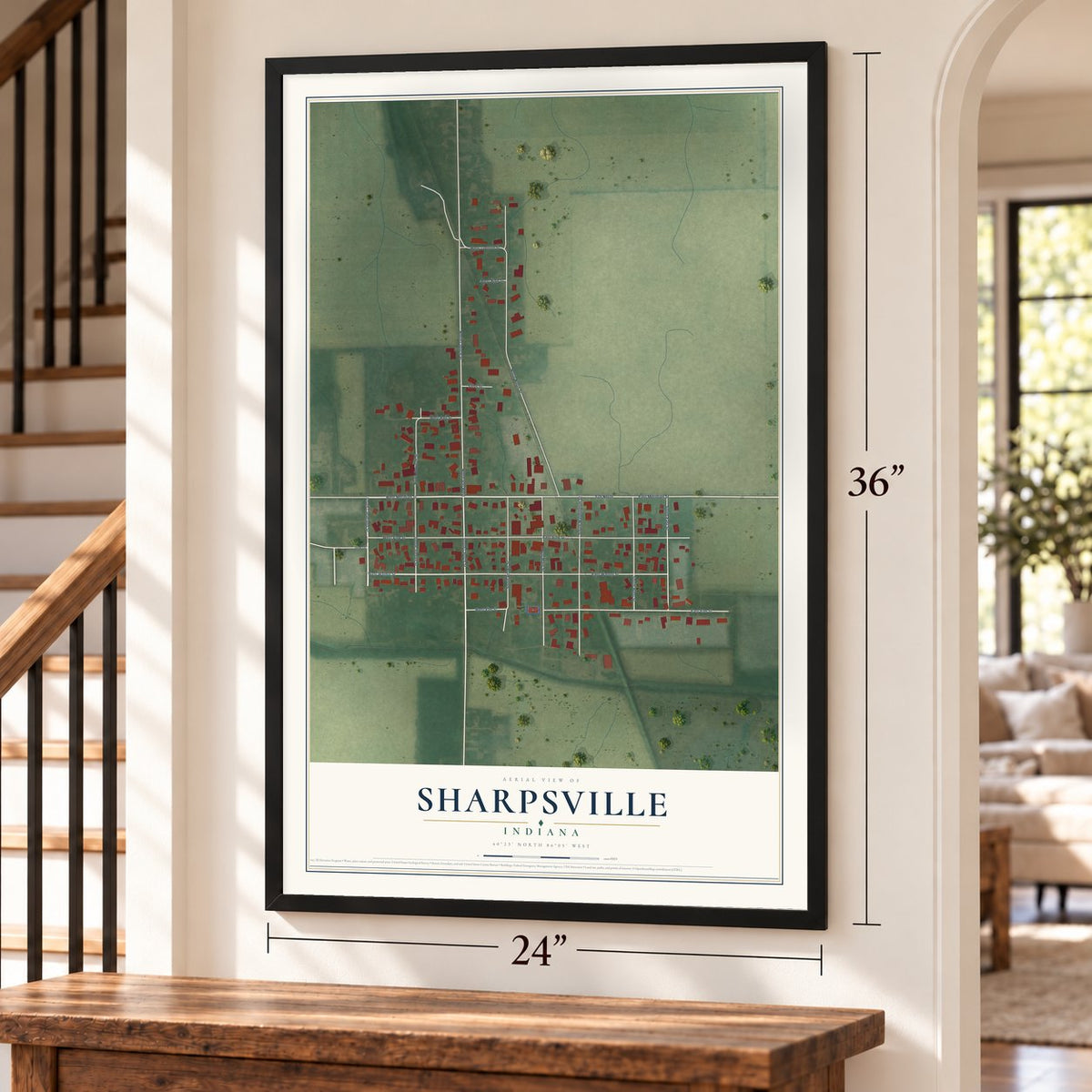 Sharpsville, Indiana map, 24 x 36 inch print in a black frame by a staircase