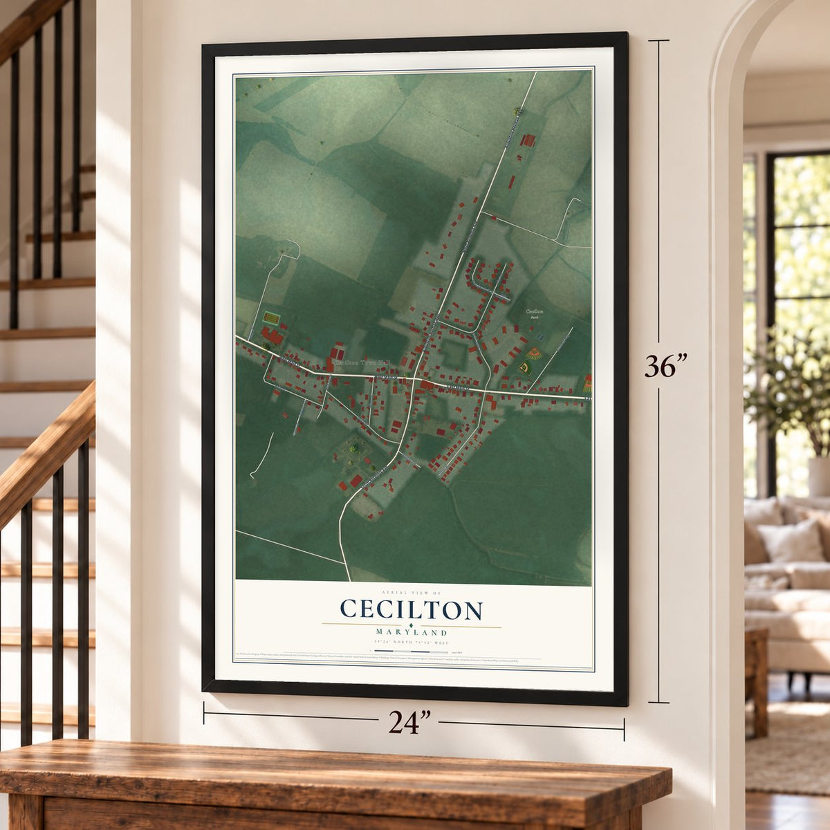 Cecilton, Maryland map, 24 x 36 inch print in a black frame by a staircase