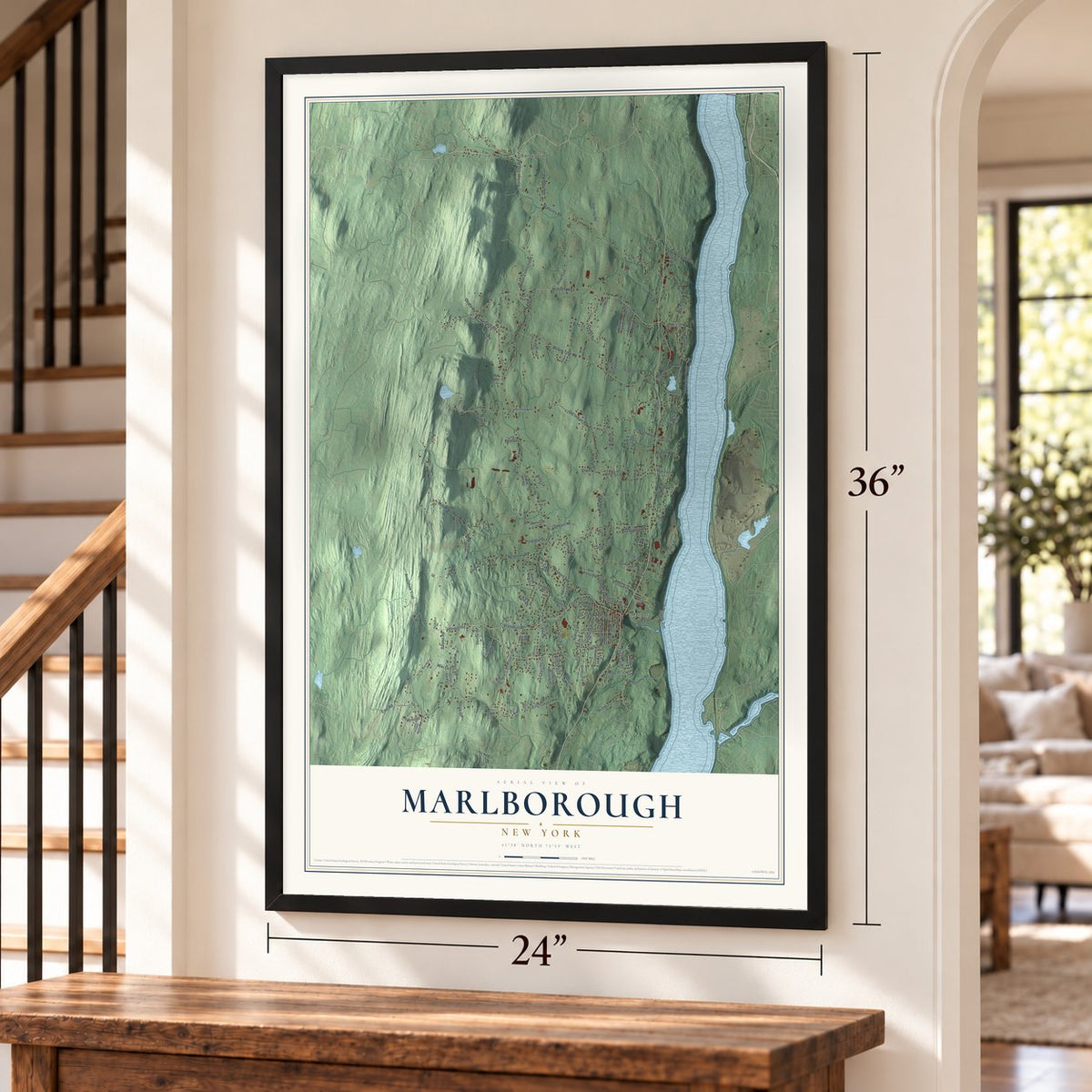 Marlborough, New York map, 24 x 36 inch print in a black frame by a staircase
