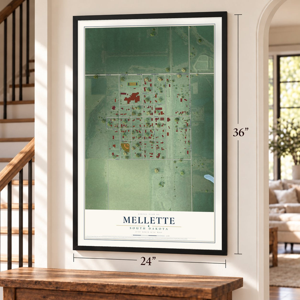 Mellette, South Dakota map, 24 x 36 inch print in a black frame by a staircase