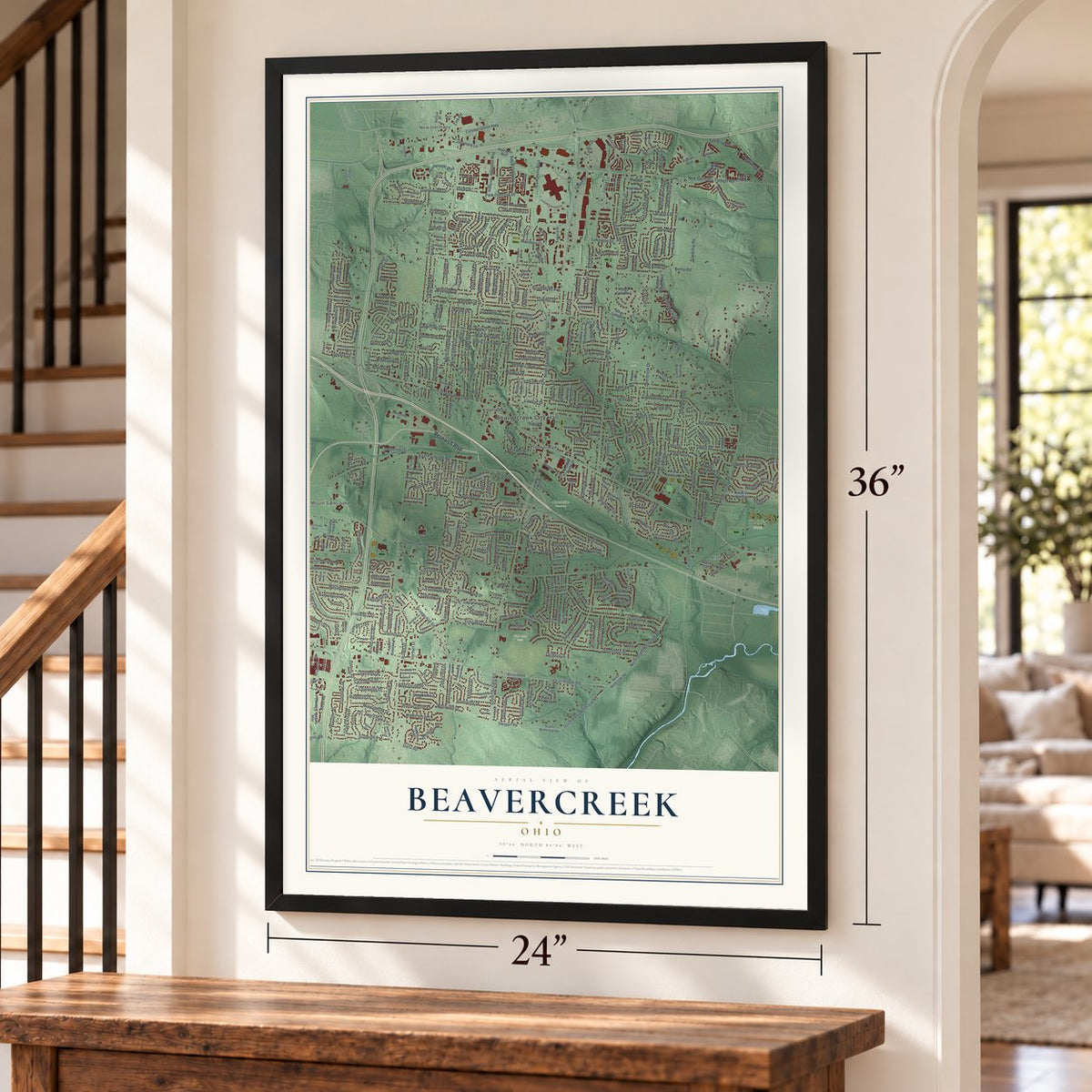 Beavercreek, Ohio map, 24 x 36 inch print in a black frame by a staircase