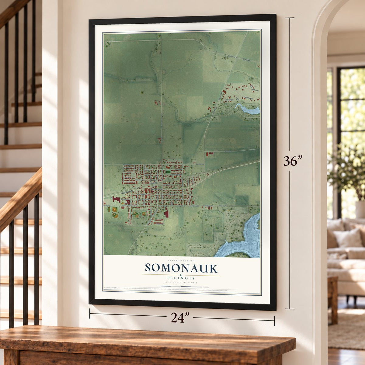 Somonauk, Illinois map, 24 x 36 inch print in a black frame by a staircase