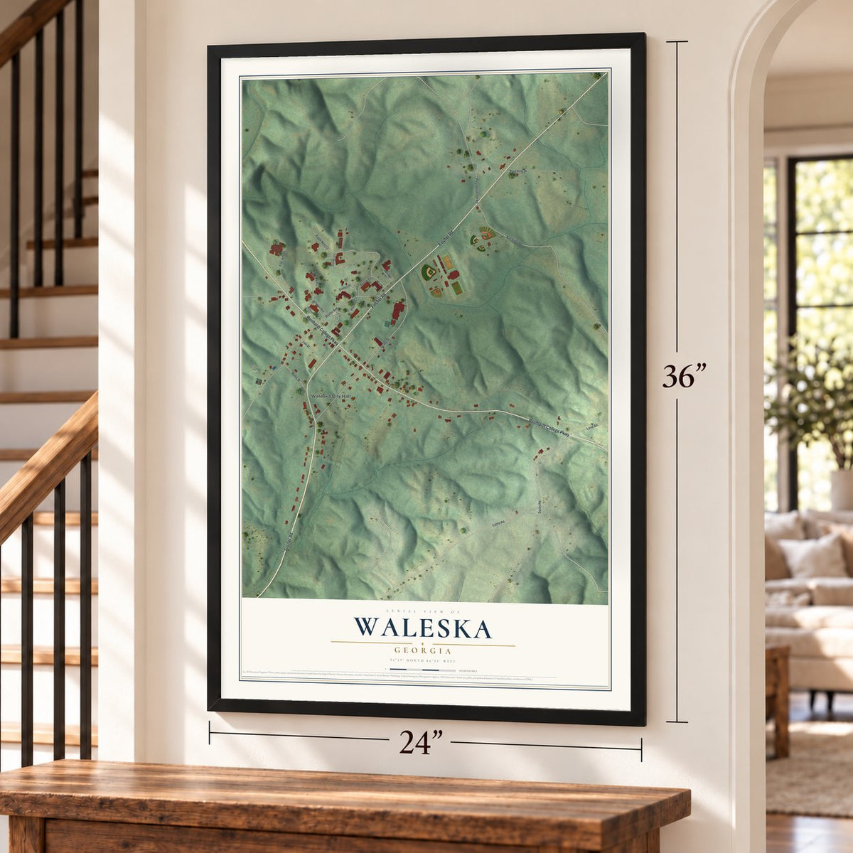 Waleska, Georgia map, 24 x 36 inch print in a black frame by a staircase
