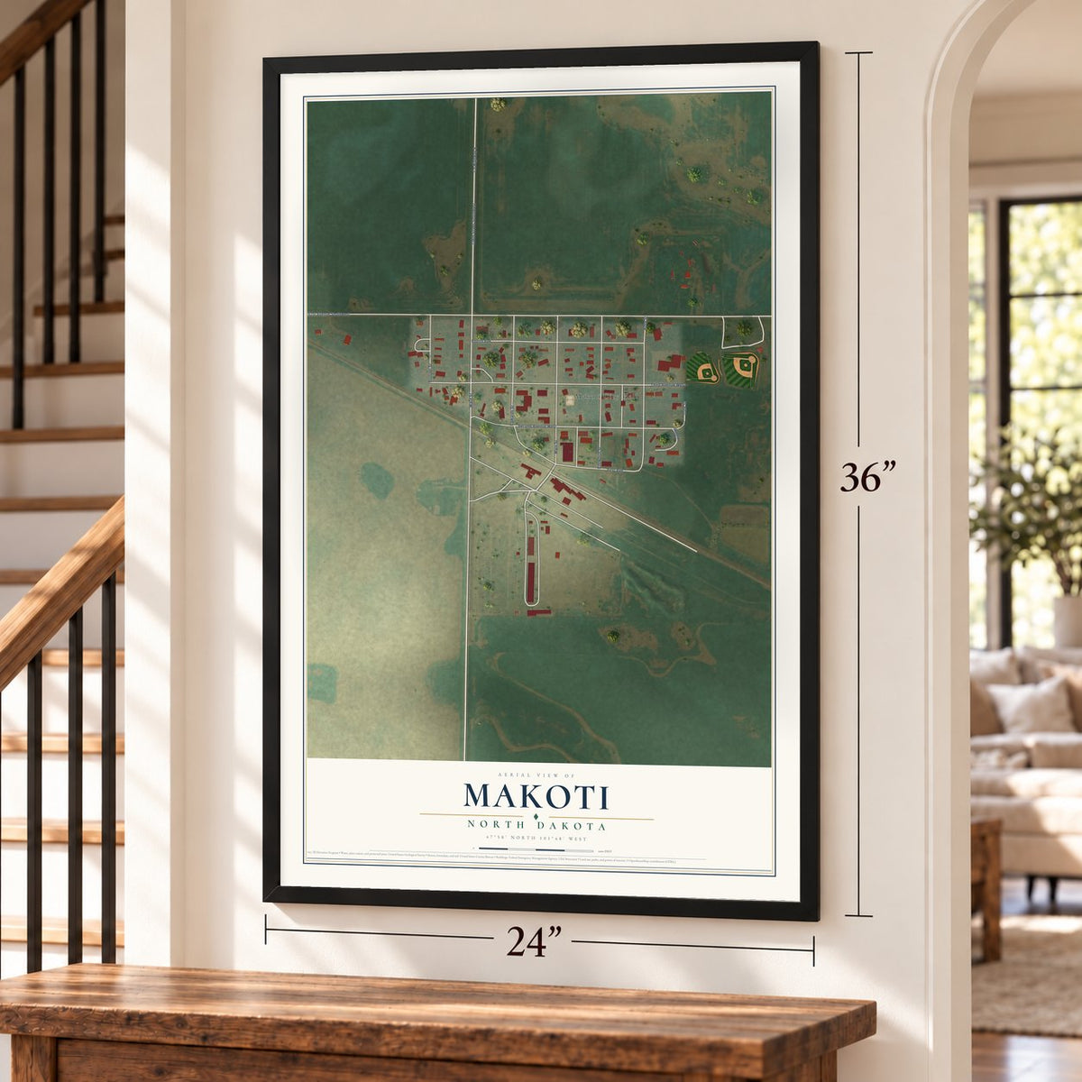 Makoti, North Dakota map, 24 x 36 inch print in a black frame by a staircase