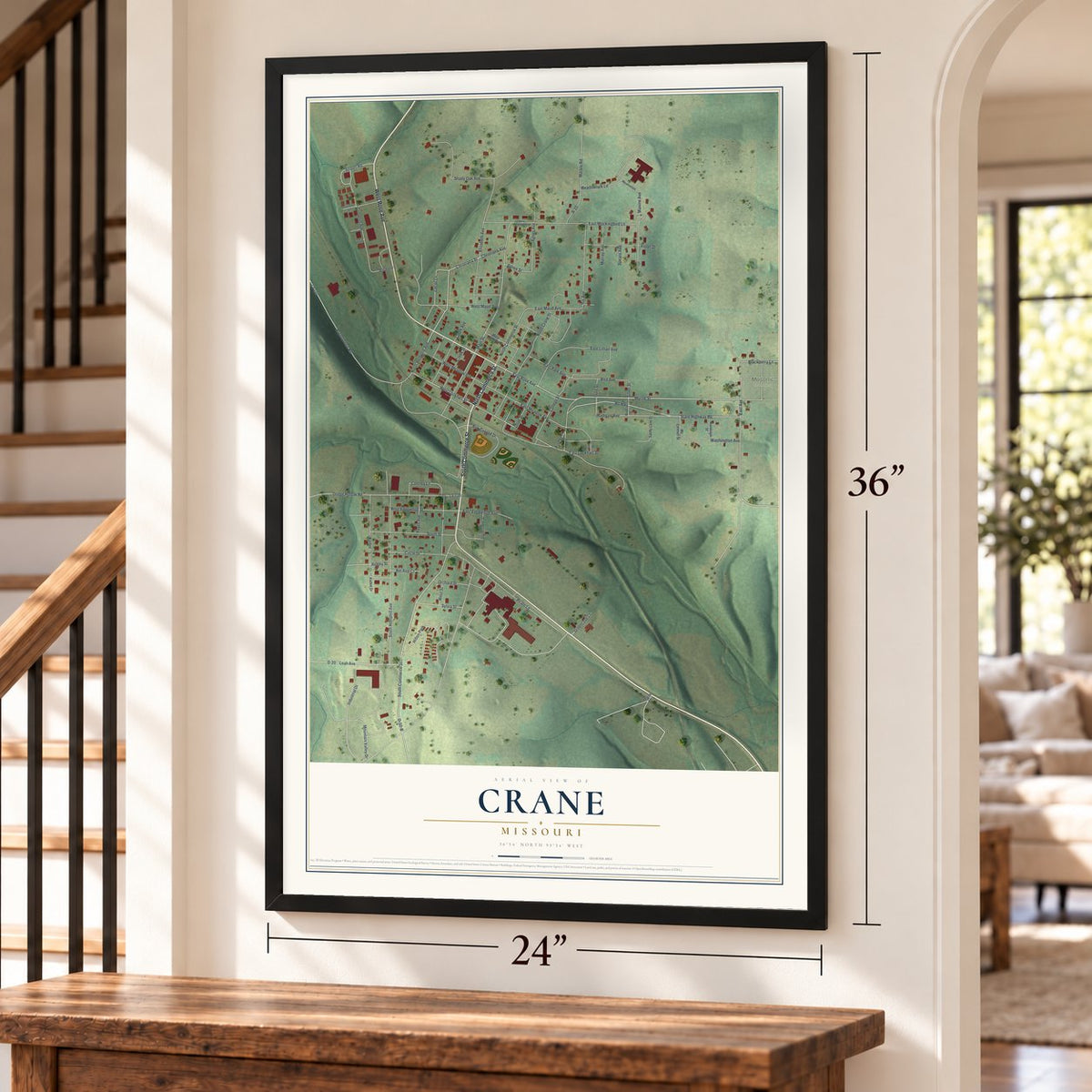 Crane, Missouri map, 24 x 36 inch print in a black frame by a staircase