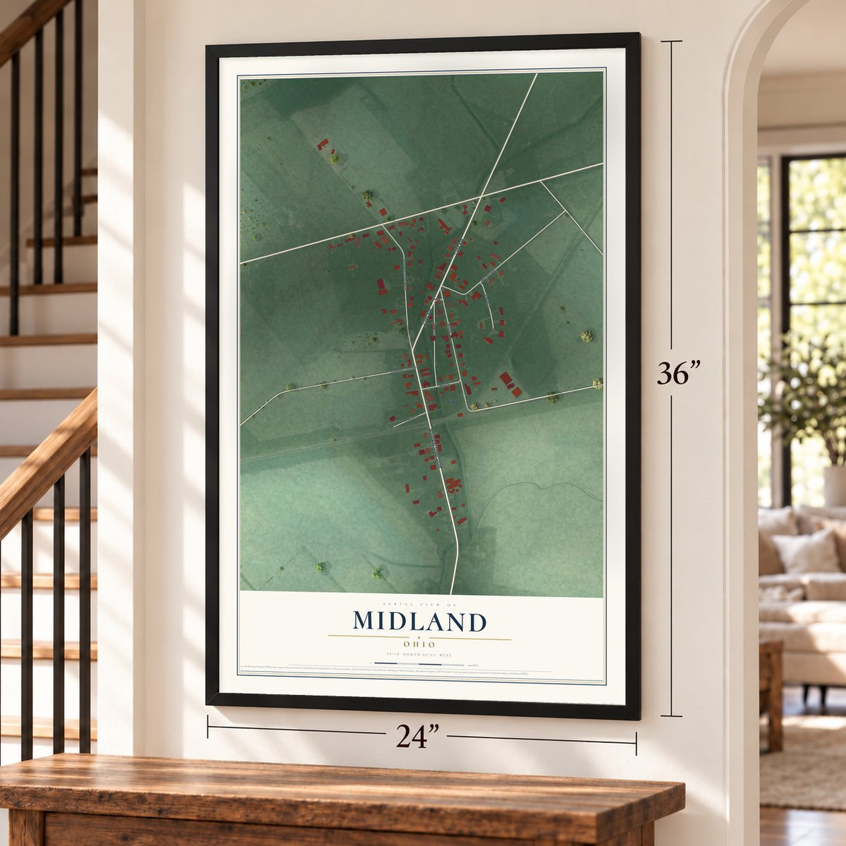 Midland, Ohio map, 24 x 36 inch print in a black frame by a staircase