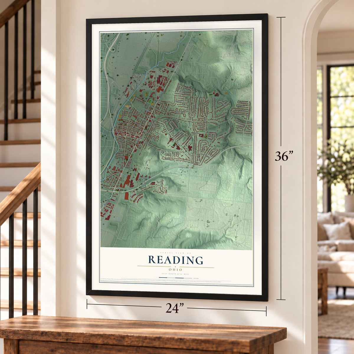 Reading, Ohio map, 24 x 36 inch print in a black frame by a staircase