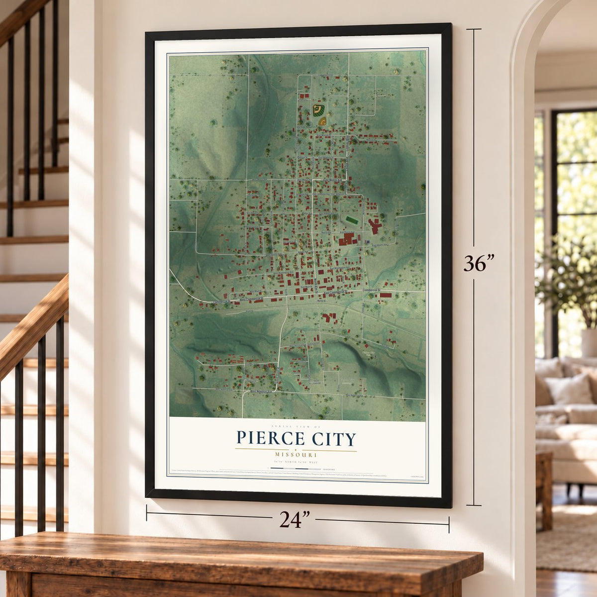 Pierce City, Missouri map, 24 x 36 inch print in a black frame by a staircase