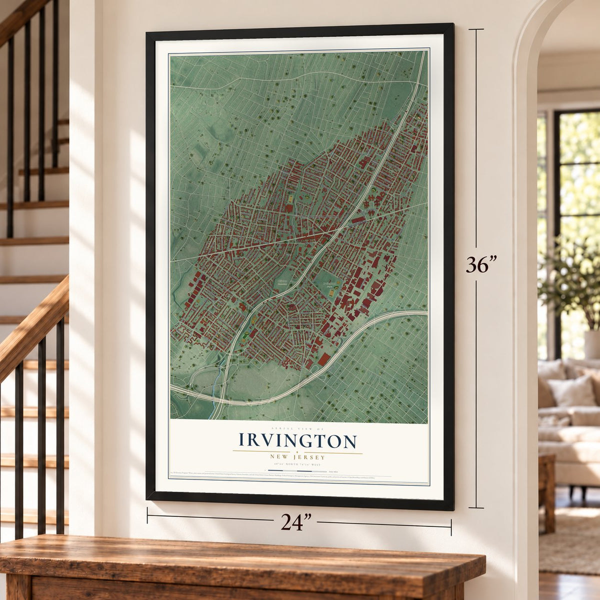 Irvington, New Jersey map, 24 x 36 inch print in a black frame by a staircase