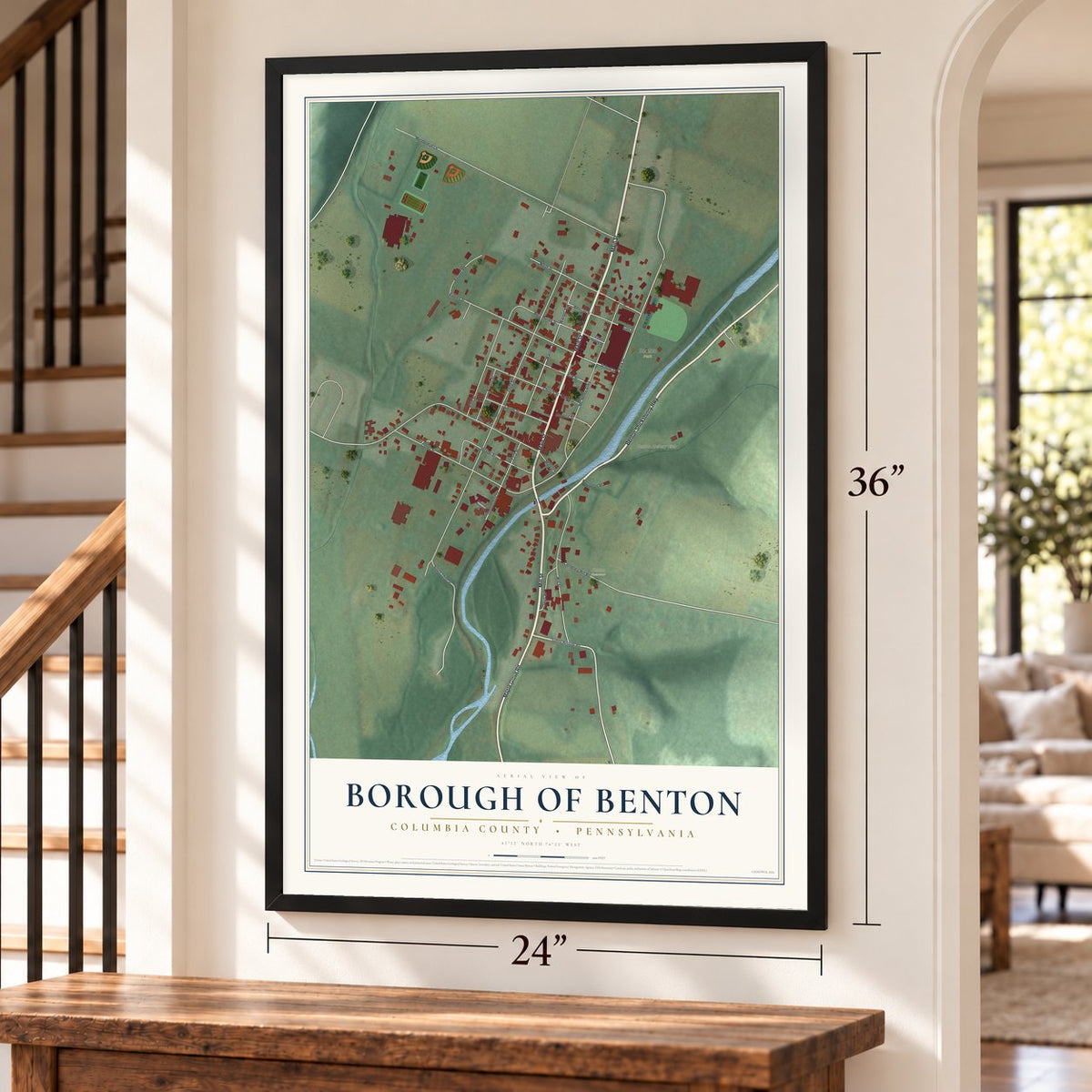 Borough of Benton, Columbia County, Pennsylvania map, 24 x 36 inch print in a black frame by a staircase