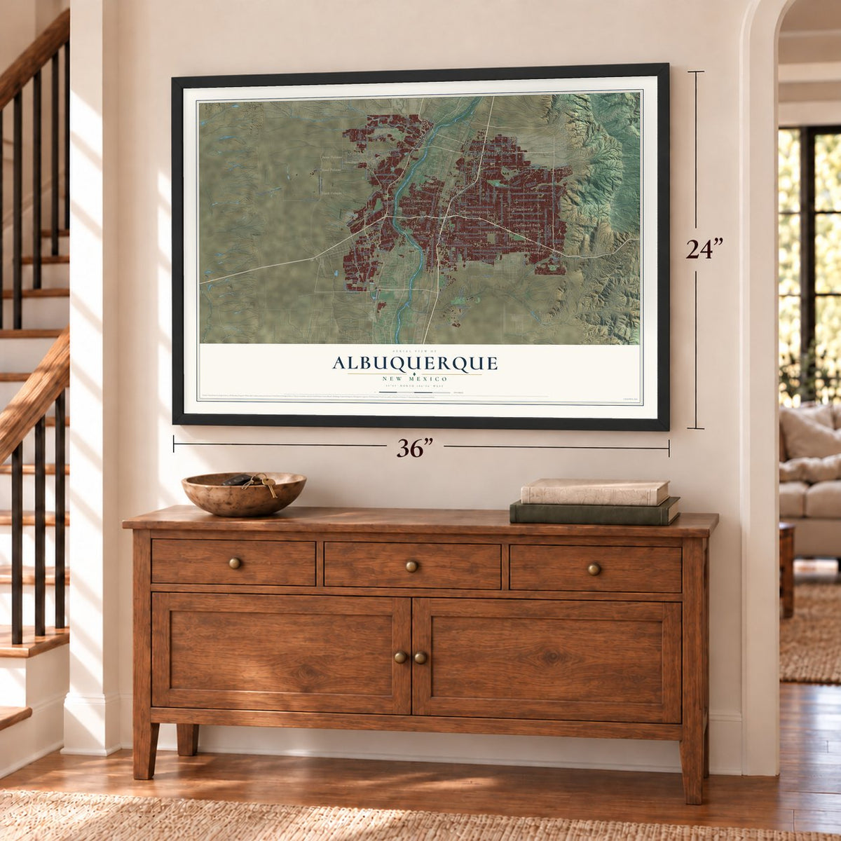 Albuquerque, New Mexico map, 24 x 36 inch print in a black frame above a dresser by a staircase