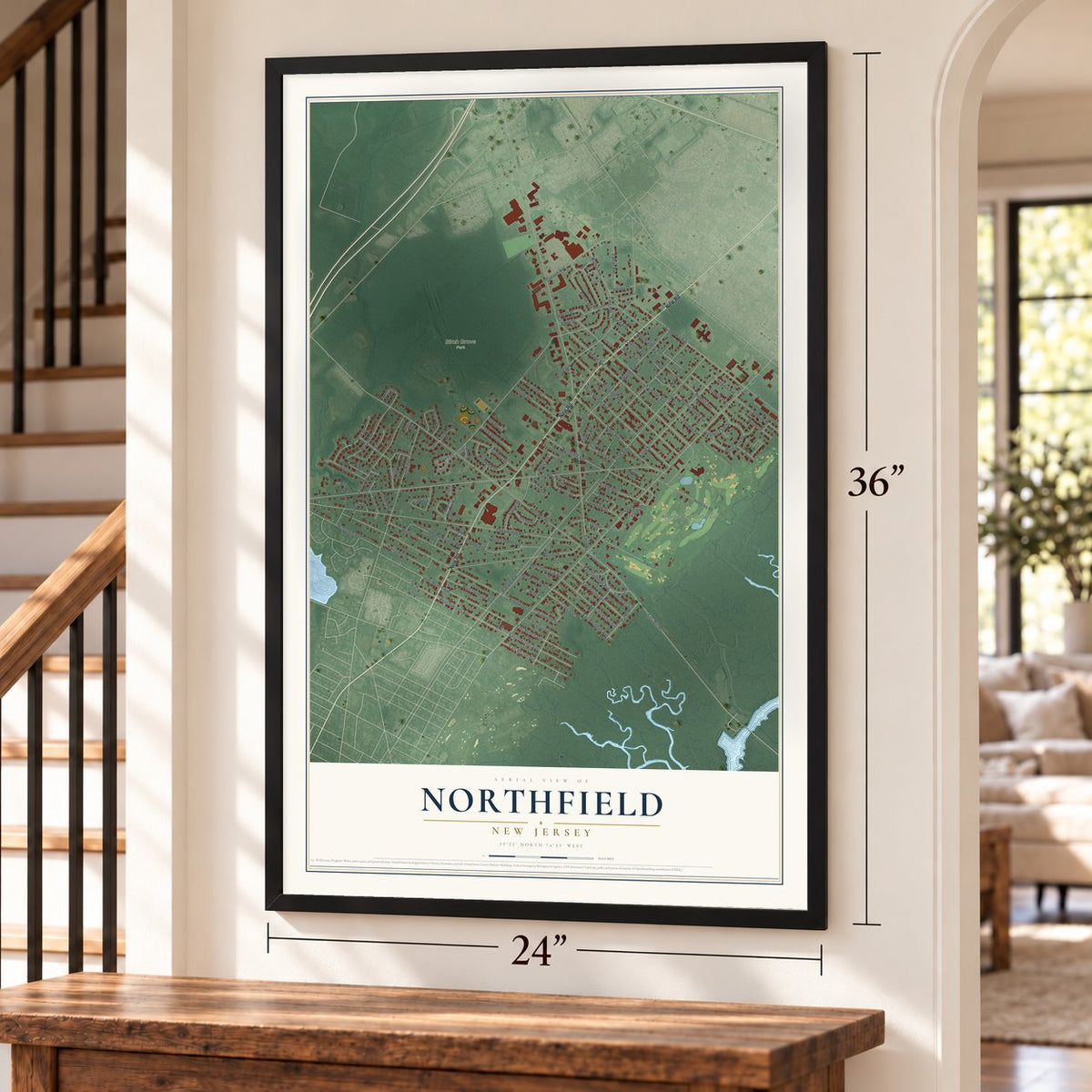 Northfield, New Jersey map, 24 x 36 inch print in a black frame by a staircase