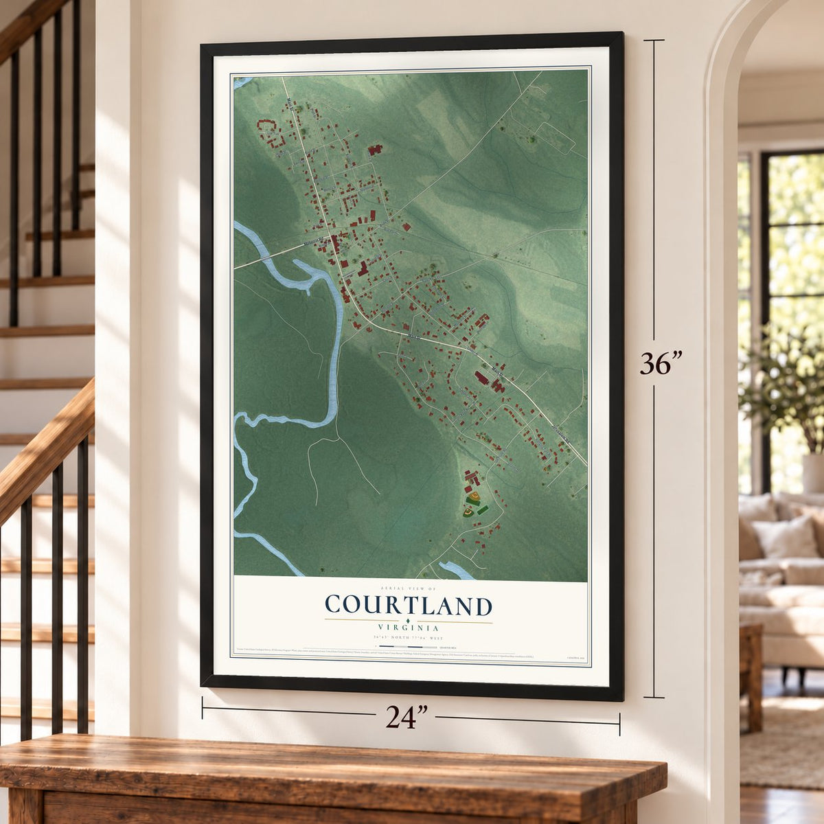 Courtland, Virginia map, 24 x 36 inch print in a black frame by a staircase