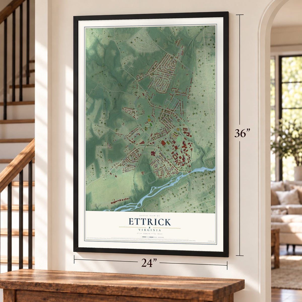 Ettrick, Virginia map, 24 x 36 inch print in a black frame by a staircase