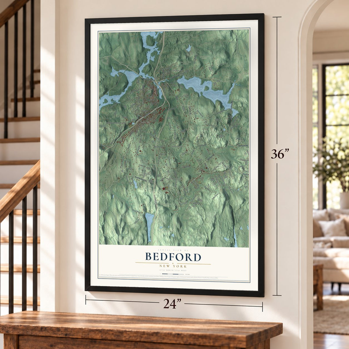 Bedford, New York map, 24 x 36 inch print in a black frame by a staircase