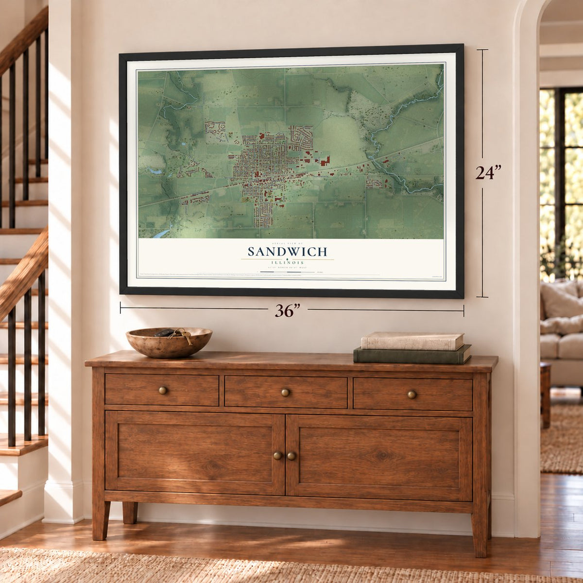 Sandwich, Illinois map, 24 x 36 inch print in a black frame above a dresser by a staircase