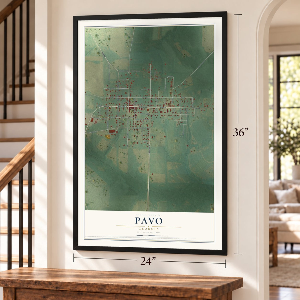 Pavo, Georgia map, 24 x 36 inch print in a black frame by a staircase