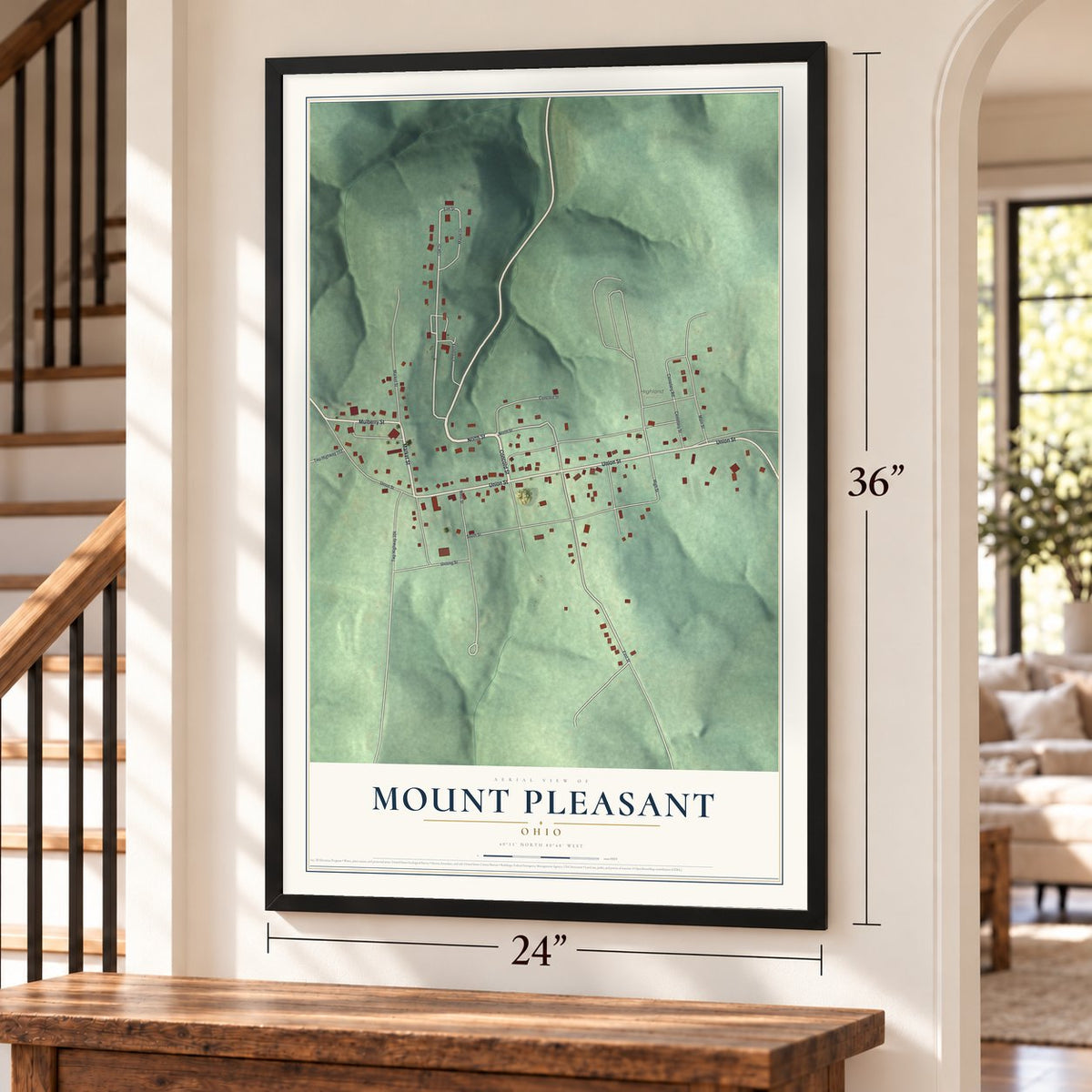 Mount Pleasant, Ohio map, 24 x 36 inch print in a black frame by a staircase
