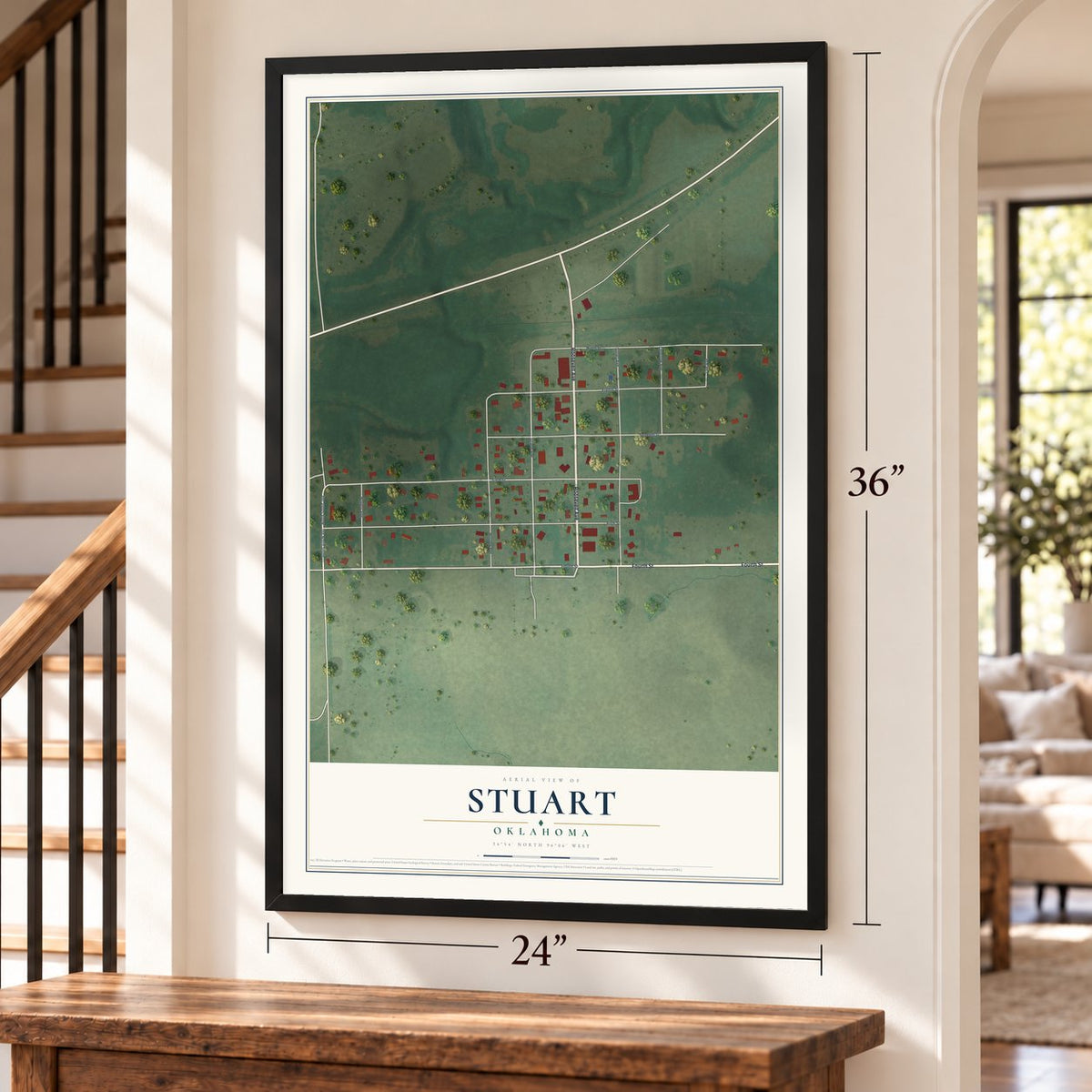 Stuart, Oklahoma map, 24 x 36 inch print in a black frame by a staircase