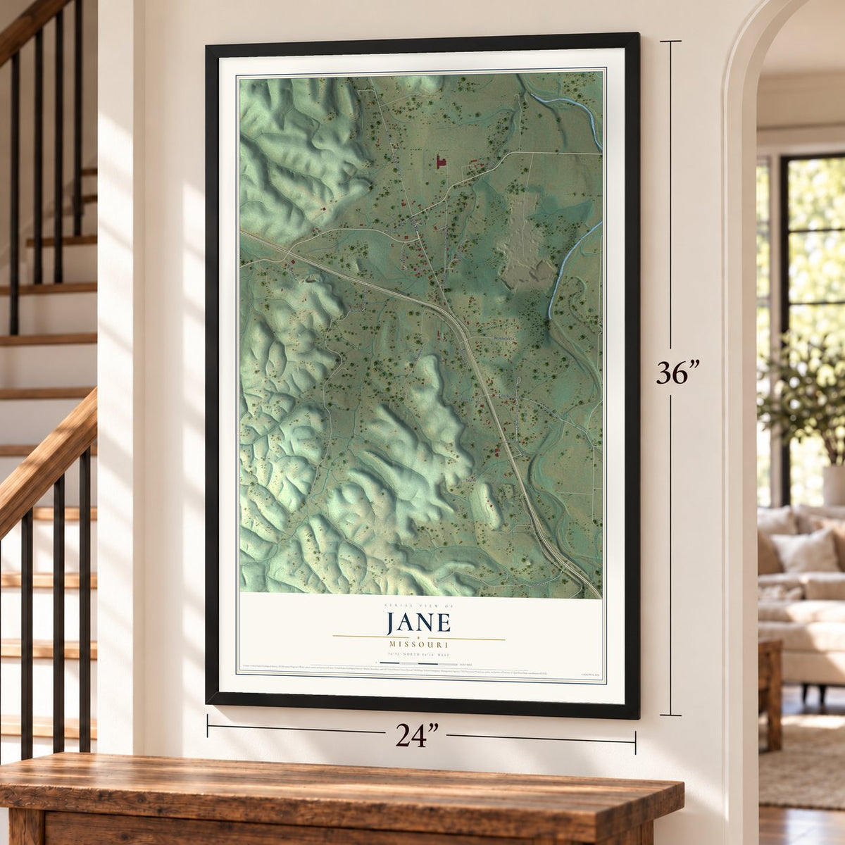 Jane, Missouri map, 24 x 36 inch print in a black frame by a staircase