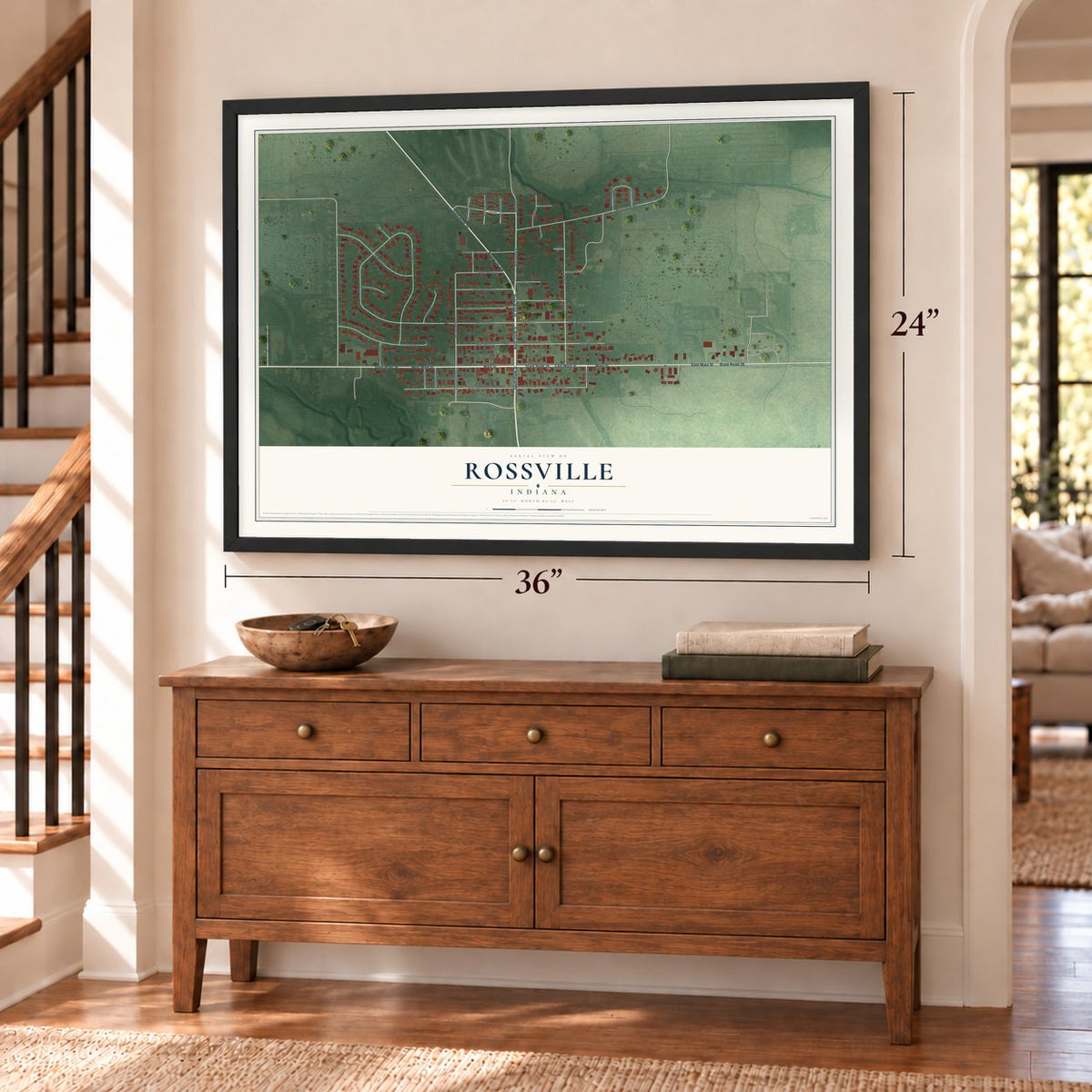 Rossville, Indiana map, 24 x 36 inch print in a black frame above a dresser by a staircase