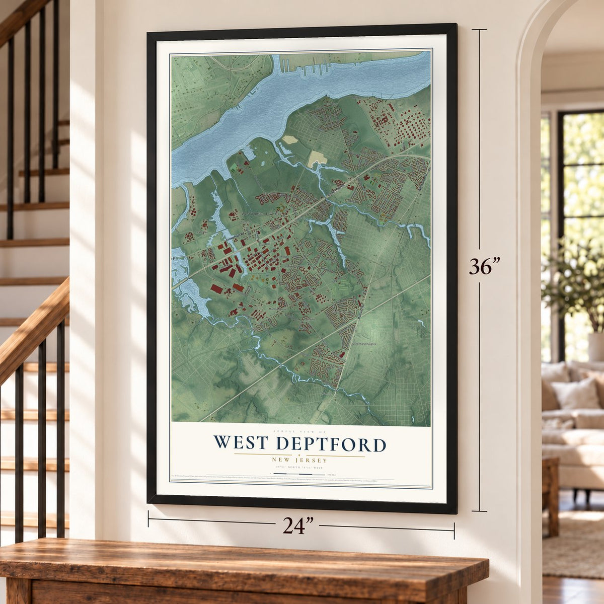 West Deptford, New Jersey map, 24 x 36 inch print in a black frame by a staircase